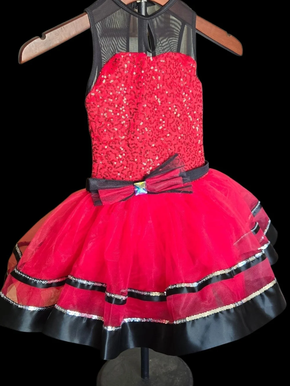 Weissman Girls Red Sequin Tulle Competition Dance Dress w/ Black Accents Sz 7/8